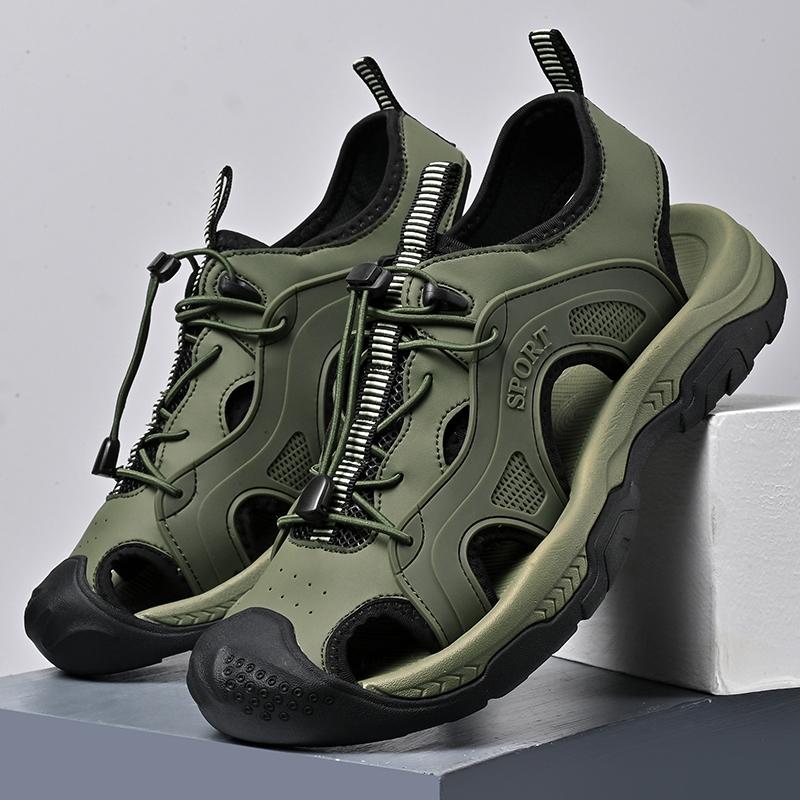 Fashion New Trend Men's Anti-collision Toe Sandals Handmade Leather Summer Flat  Fashion Male Suitable Beach Shoes Non-slip Walk Sandaly