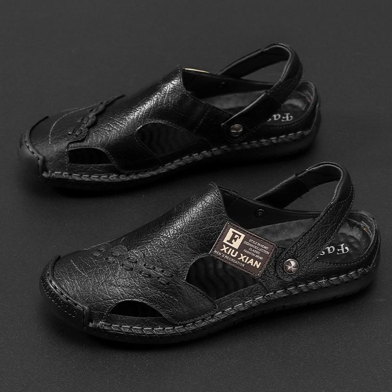 

Летние импортные сандалии мужские кожаные уличные пляжные туфли повседневные мужские туфли большого размера с сумкой на голову двойного назначения крутые тапочки 38 чёрный