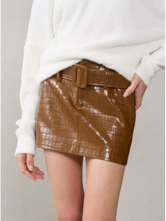 2026 Spring Retro Crocodile Pattern PU Leather Skirt for Women Large коричневый
