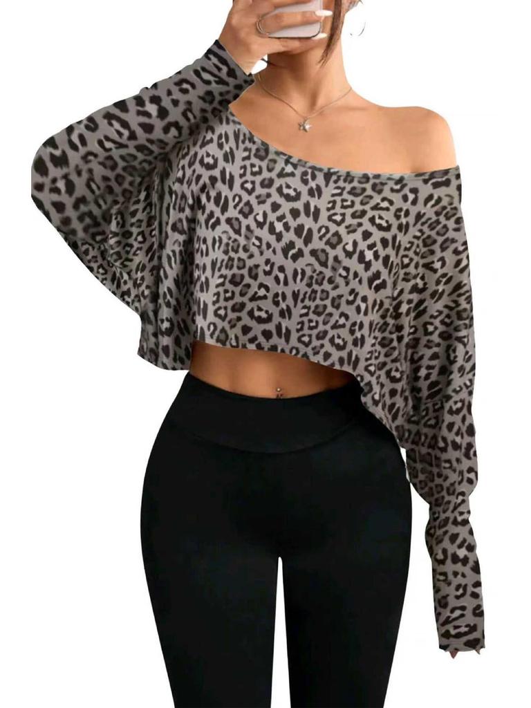 2026 Leopard Print Off-shoulder Cropped Long-Sleeve Top for Women