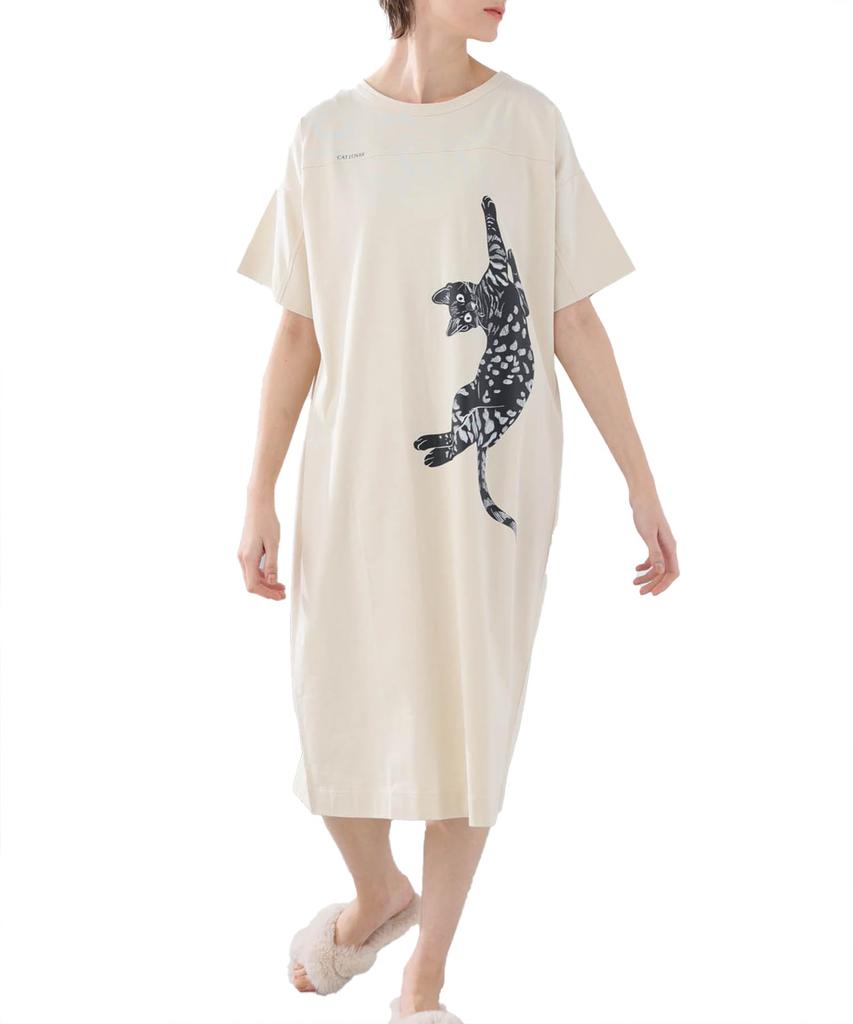 Narue Silk Jersey Nightshirt with Printed Cat Free Size Women's Print, Beige,
