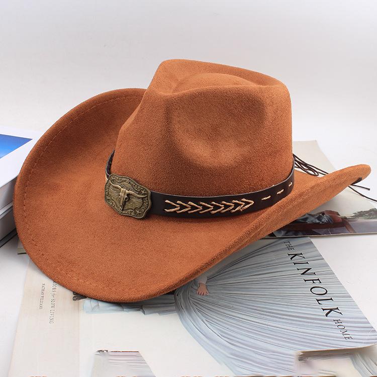 Western Cowboy Style Tibetan Bull Head Accessories Fashion Top Hat Autumn/Winter New Collection Deer Skin Velvet Large Edge Riding Hat