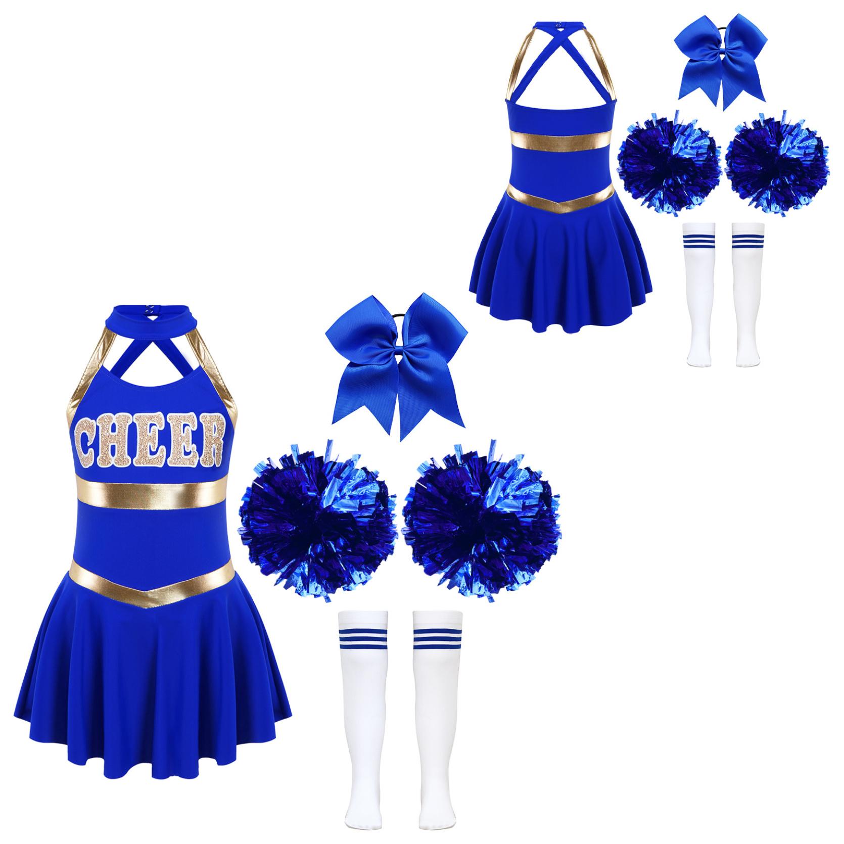 

Детские костюмы группы поддержки для девочек, лоскутное танцевальное платье без рукавов с буквенным принтом, головные уборы с бантом и цветами, полосатые носки-трубочки 11-12 Years синий