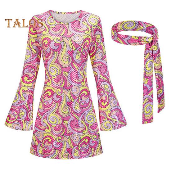 

Женский комплект с повязкой на голову в стиле 1970-х годов, костюм для вечеринки на Хэллоуин, ролевая игра, косплей, платье для вечеринки в стиле диско, длинное платье-трапеция с цветным принтом и рукавами-колокольчиками M