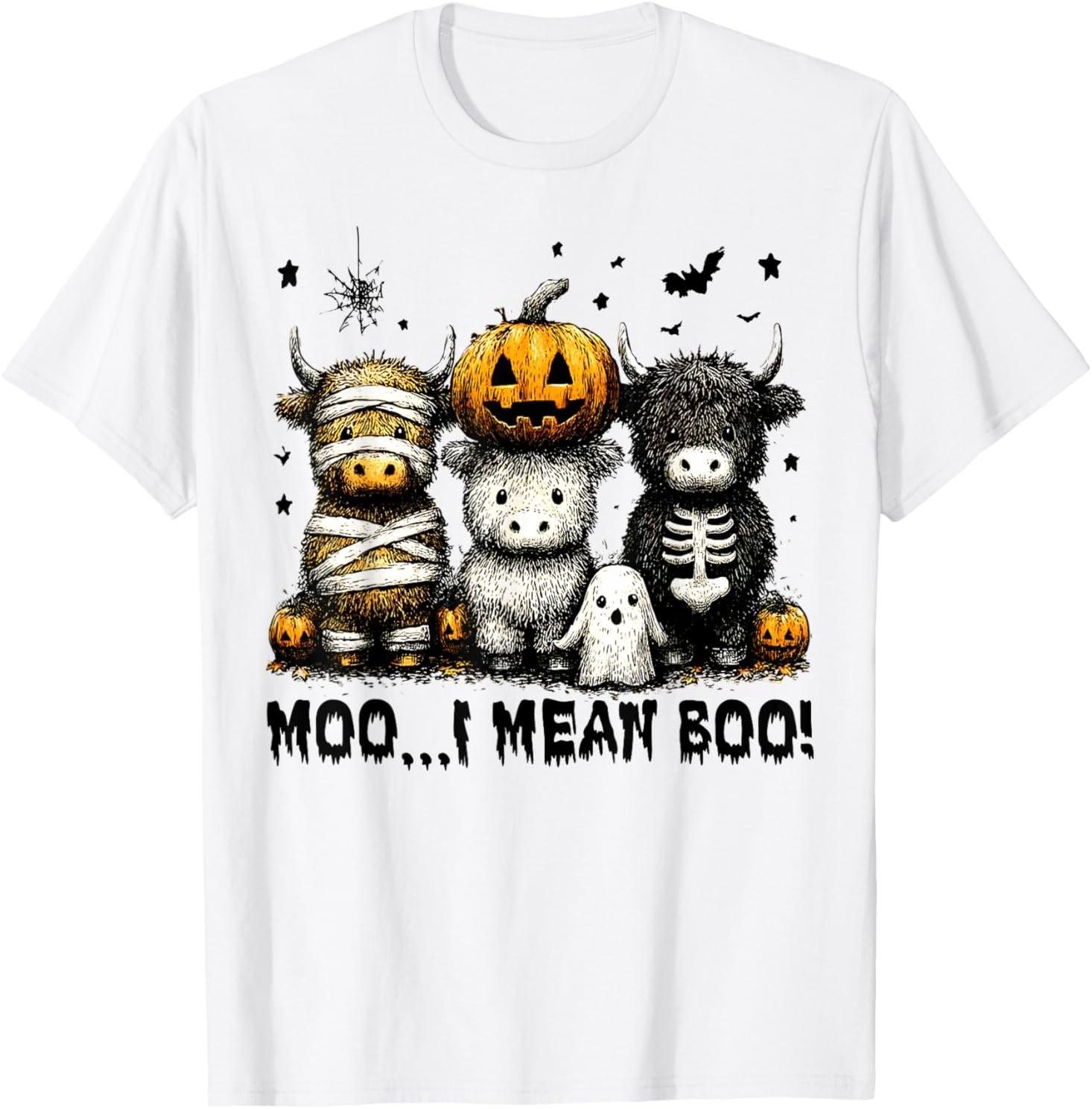 Ghost Cow Moo I Mean Boo Halloween Outfit Funny Cow Lover T-Shirt Mens Womens Tees Top 4XL