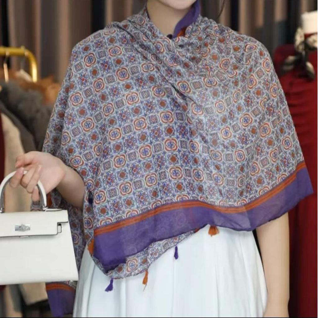 Women's Retro Ethnic Silk Scarf with Frog Button Shawl for Sun Protection