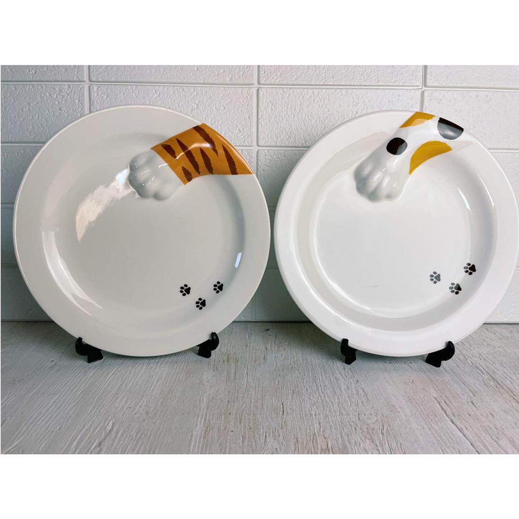 Sun Art Cute Tableware [Cat from the Side] Tiger Cat Plate (with Paw Prints), Medium Plate, 22cm Diameter, White, SAN2505