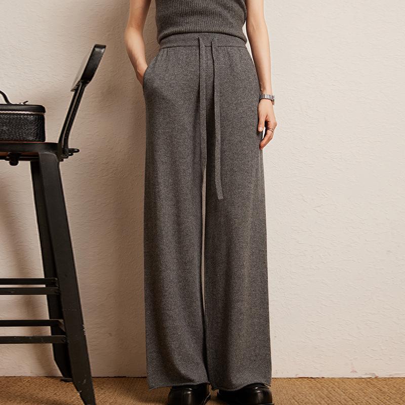 

Women s High Waist Wide Leg Cashmere Pants - Floor-Length, Elastic Waist, Urban Fall/Winter Style Large