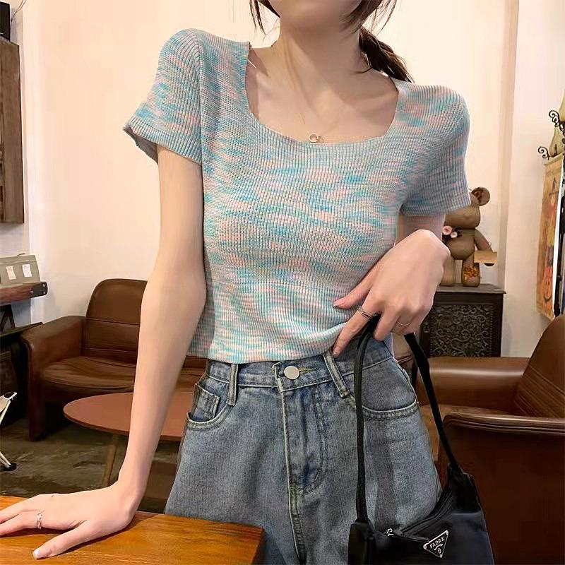 Sommer Neu Koreanischer Stil Schlichte Mode Regenbogenfarben Weich Wachsartig Quadratischer Kragen Kurzärmliger Pullover Damen T-Shirt Top