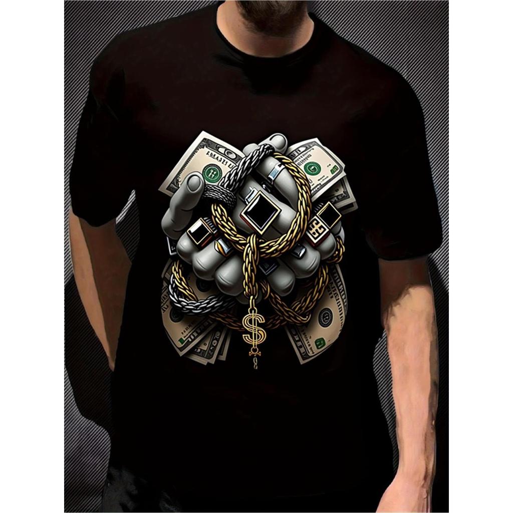 Money Chains Dollar Print Mens Graphic Tee Streetwear Casual Short Sleeve Crew Neck Cotton Tshirt
