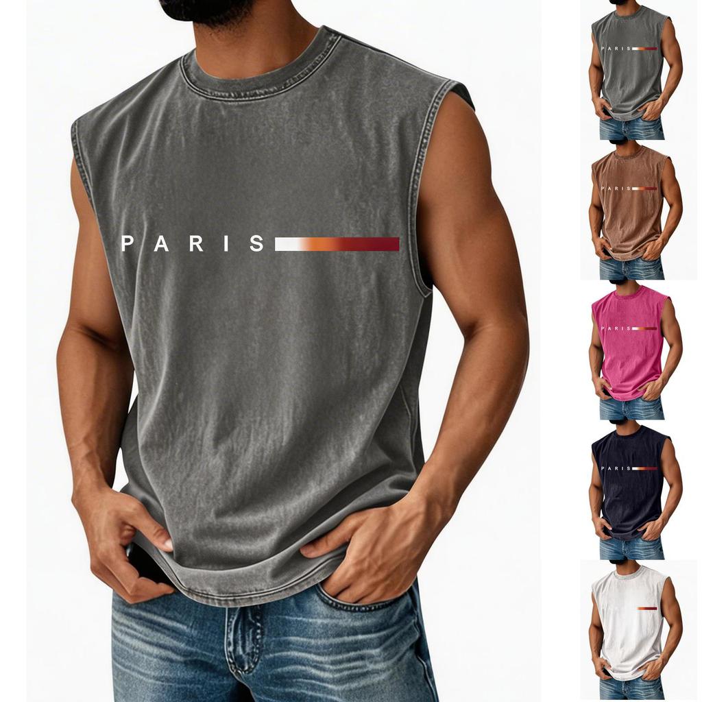 Men's Loose And Casual Trend Letter Print T-shirt - Men's Washed And Distressed Breathable Sports Sleeveless Top