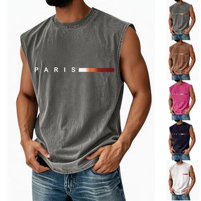 Men's Loose And Casual Trend Letter Print T-shirt - Men's Washed And Distressed Breathable Sports Sleeveless Top