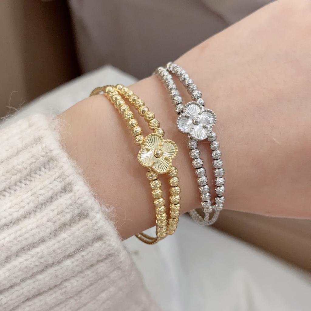 2PCS18K Gold Women's High-end Non Fading Jewelry Ins Four Leaf Clover Pure Copper Bracelet Ring Set