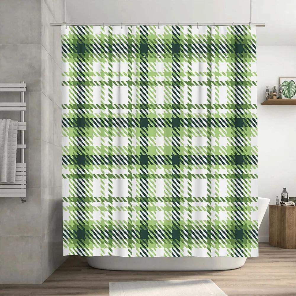 Green Plaid Shower Curtain Home Decor Bathroom Accessories Waterproof Bath Rug Set For Kids Room Decoration 180X270Cm (6Ft)
