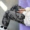Men Casual Pants Elastic Waist Mid Rise Loose Straight Wide Leg Streetwear Pockets Cartoon Print Male Long Trousers Bottoms for Outdoor