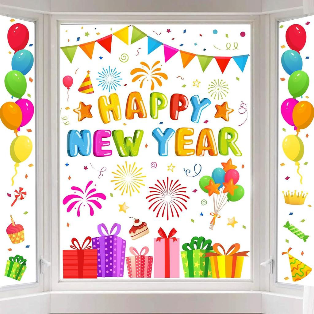 Whaline 6 Sheets New Year Window Clings New Years Eve Window Decal Champagne Firework Double-Sided Golden Yellow Window Stickers Reble for Home