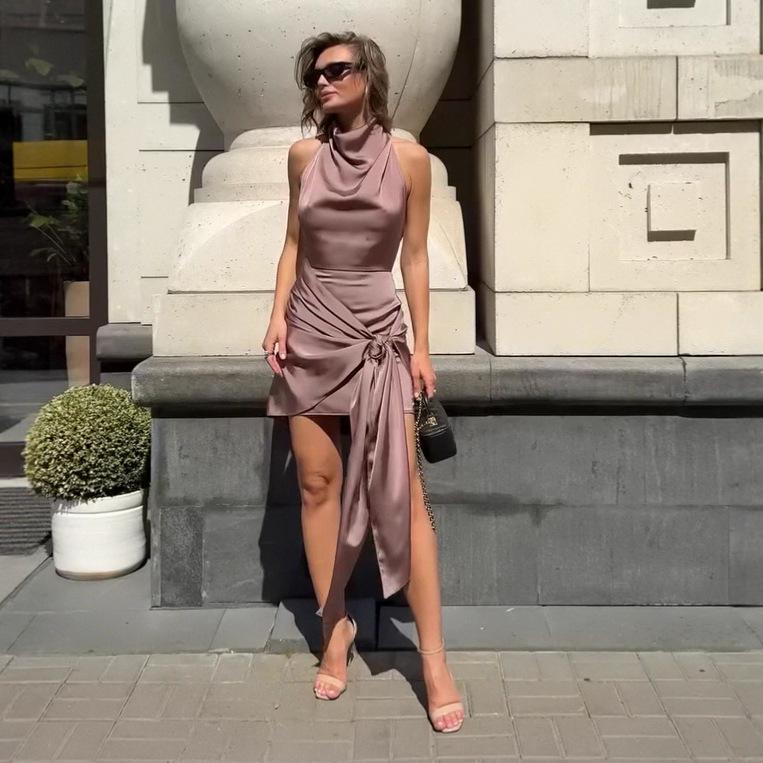 Letní retro saténové šaty bez rukávů s vysokým límcem pro ženy 2025