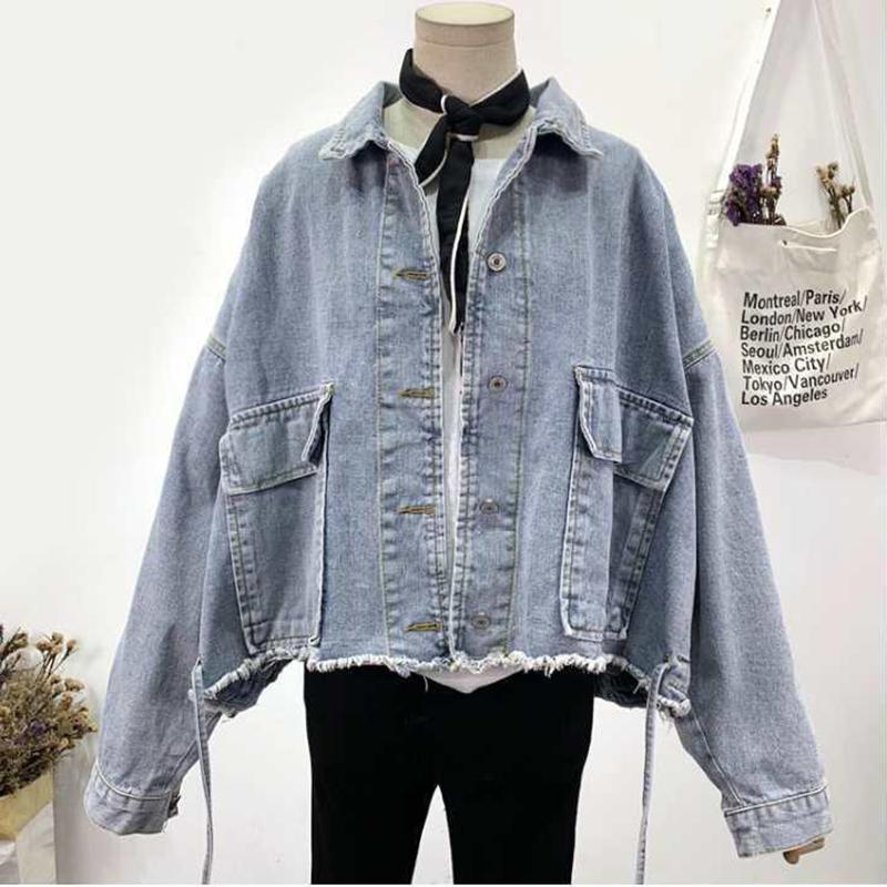 

Женская джинсовая куртка карго весна-лето 2019 года, свободная укороченная куртка с необработанными краями и большим карманом, студенческая джинсовая куртка XL синий
