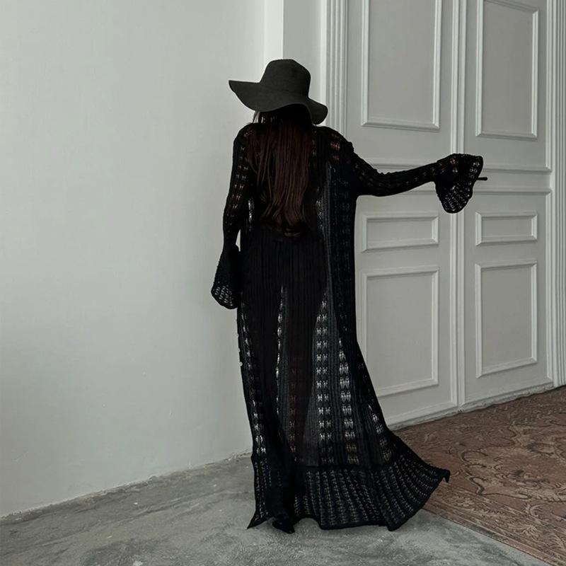 A New Solid-color Long Knitted Cardigan with Hollowed-out Flared Sleeves and A Laid-back V-neck Women's Blouse