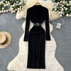 Spring Autumn Women Casual V-neck Full Sleeve Knitted Sweater Midi Pencil Dresses with Belt