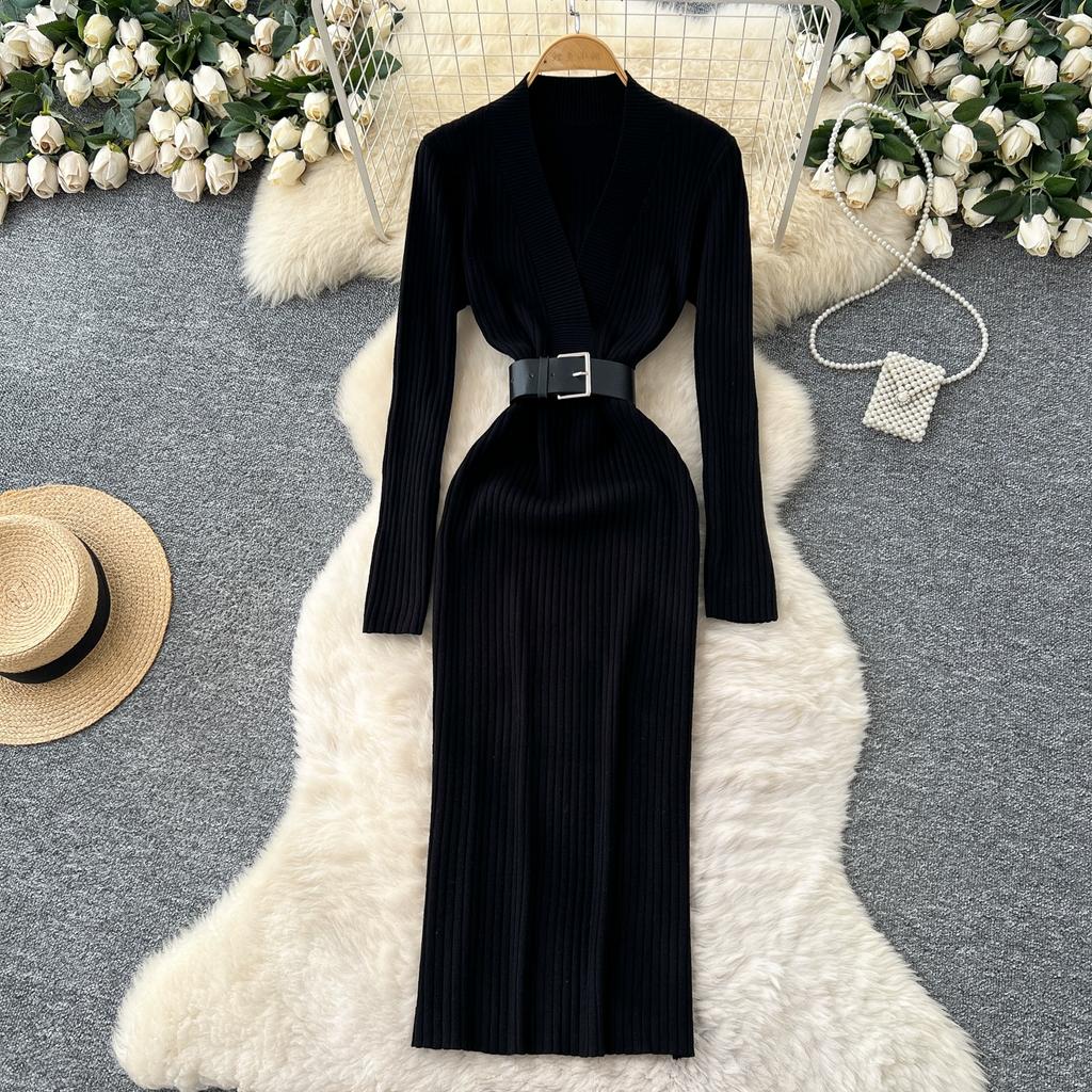 Spring Autumn Women Casual V-neck Full Sleeve Knitted Sweater Midi Pencil Dresses with Belt
