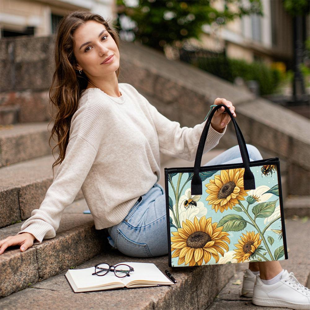 Sunflower Bee Print Tote Bag Portable Stylish Daily Use Casual Shoulder Bag