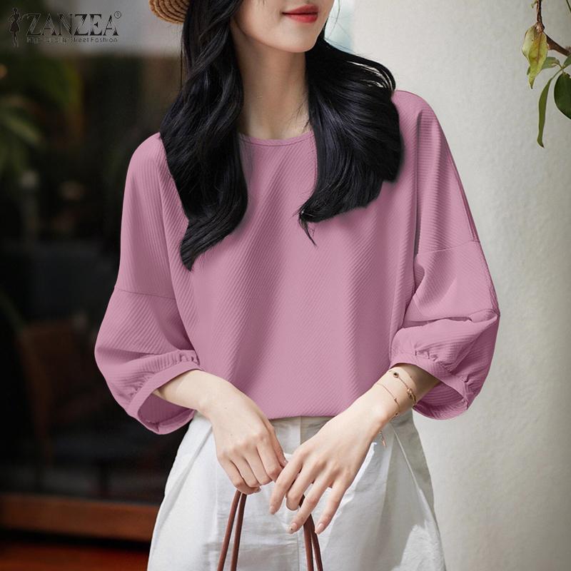 ZANZEA Lässige, lockere Bluse mit Rundhalsausschnitt und 3/4-Ärmeln für Damen