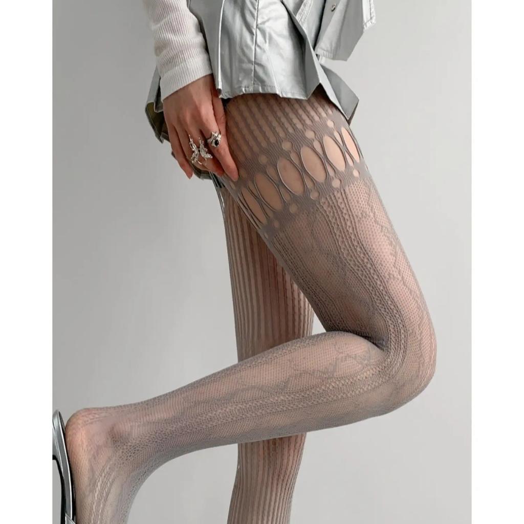 Bas Résille Sexy en Dentelle pour Femmes Lolita Ajouré Uni Collants Irréguliers à Peau Nue pour Femmes Mince Y2k Bas Corps