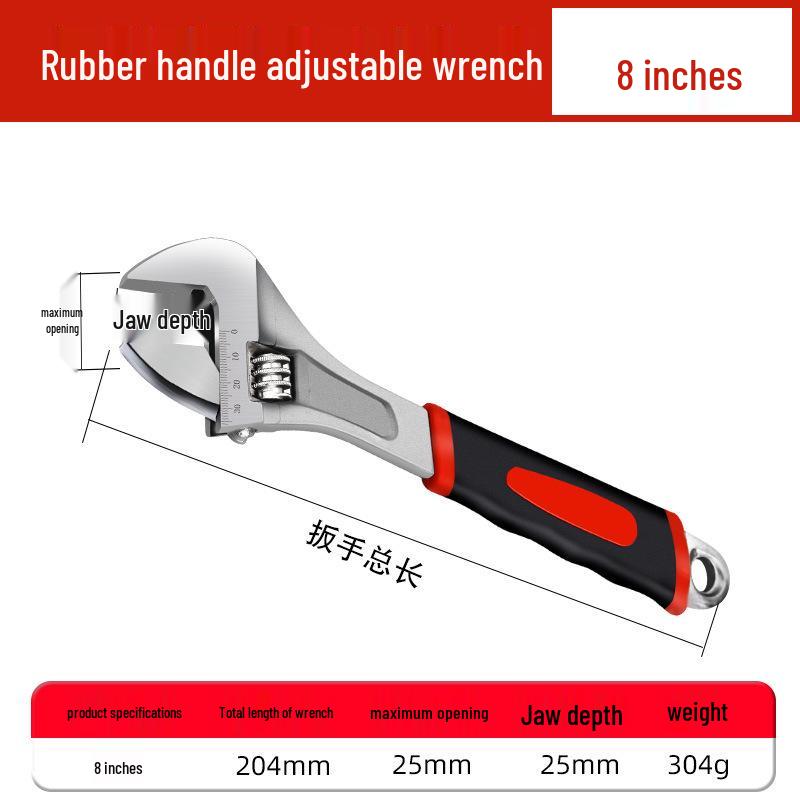 Rubber-coated adjustable wrench for auto repair, vehicle maintenance, and household use with open-end plastic handle.