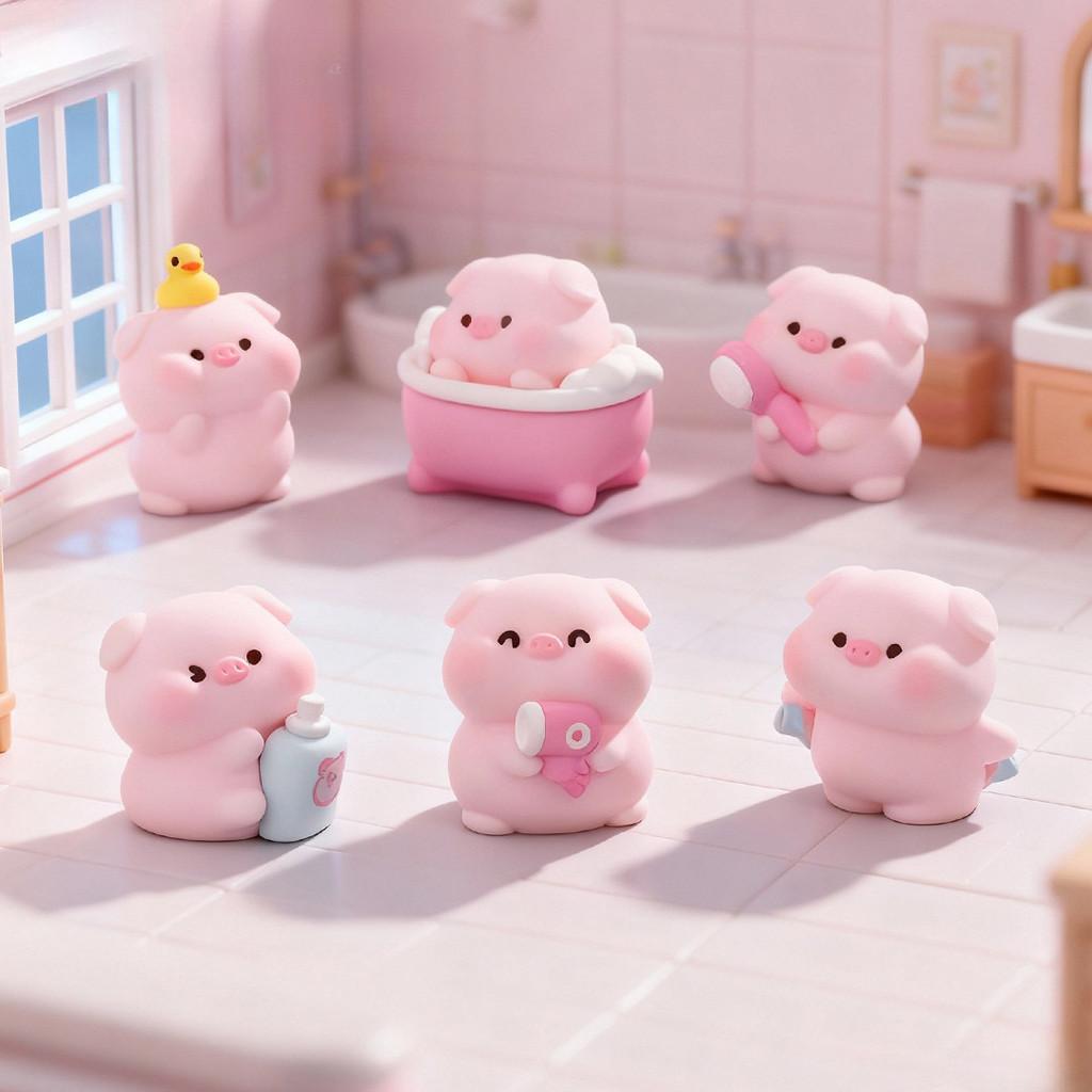6Pcs/set Cartoon Shower Pig Miniatures Resin Animal Ornaments Moss Terrarium Micro Landscape Fairy Garden Decoration
