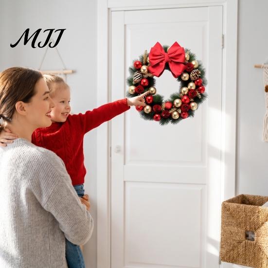 Reusable Holiday Wall Decor Christmas Wreath Decal, Door Sticker with Red Bow, Baubles & Pinecones, Self Adhesive Pine Cones Removable Art for