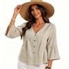 Women Casual V Neck Button Down Three Quarter Sleeve Loose Fit Top Lightweight Solid Blouse for Daily Office Wear