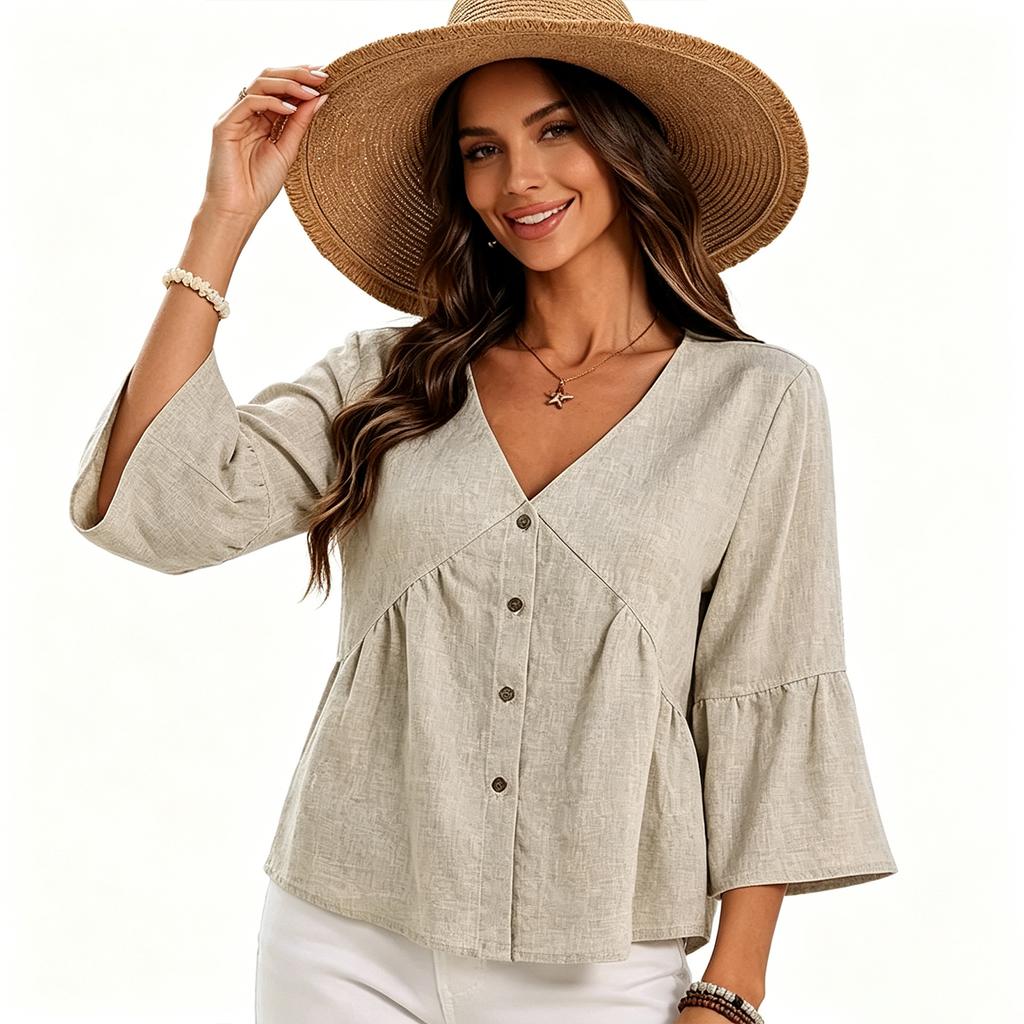 Women Casual V Neck Button Down Three Quarter Sleeve Loose Fit Top Lightweight Solid Blouse for Daily Office Wear
