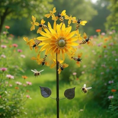 Outdoor Wind Spinner 27" Metal Sunflower Bees Rotating Windmill with Stake Kinetic Wind Sculptures for Outdoor Yard Patio Balcony Courtyard Garden