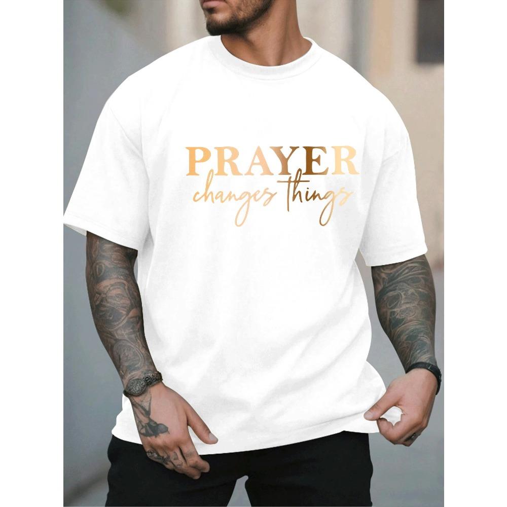 European sizes [Summer Fashion, Prayer Quote T-Shirt] Plus Size Men's Casual T-Shirt - "Prayer Changes Things" Quote, Geometric Pattern, Round Neck