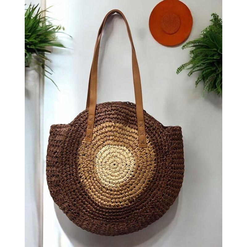 Single Shoulder Round Straw Bag Straw Bag New Hand-woven Bag Women's Large-capacity Casual Women's Bag Vacation Beach Bag