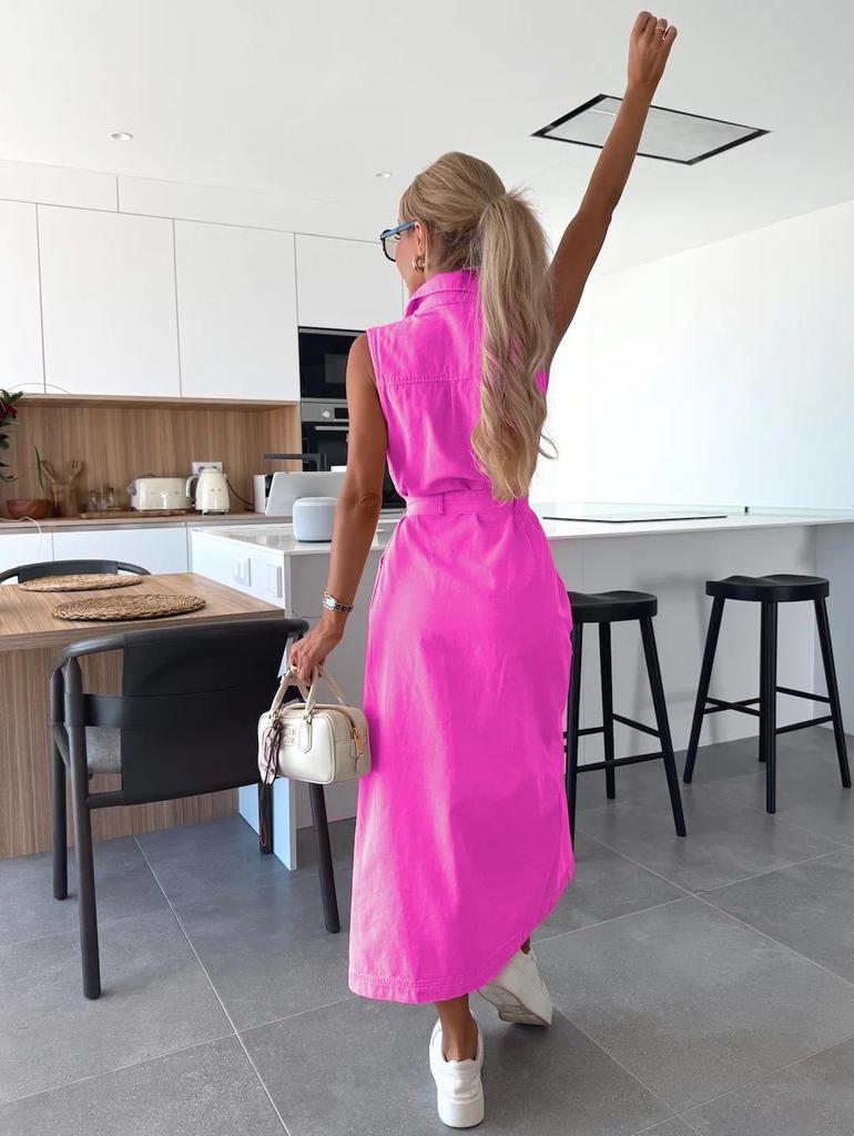 European & American Style Sleeveless Tie-Waist Denim Dress