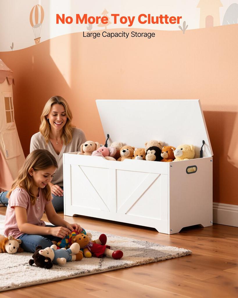 Kids Storage Bench, Wooden Toy Box Chest, Large Storage Cabinet with Safety Hinge, Toddlers Storage Bench for Playroom, Living Room or Entryway, Easy