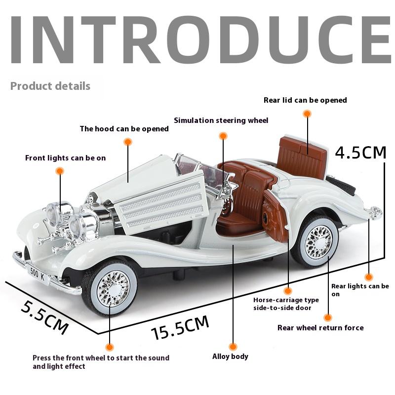 1/32 Alloy Die Cast Benz 500K Car Model Simulation Sound Light Retro Car Toy Ornaments Boys Birthday Gift Christmas Halloween