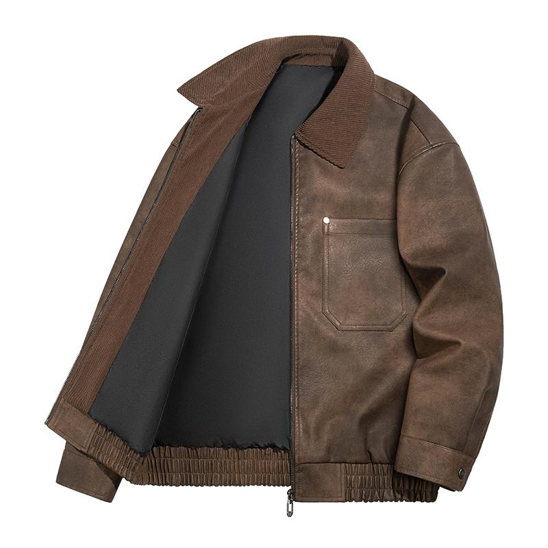 Men Lapel Collar Corduroy Splice Faux Leather Zipper Jacket