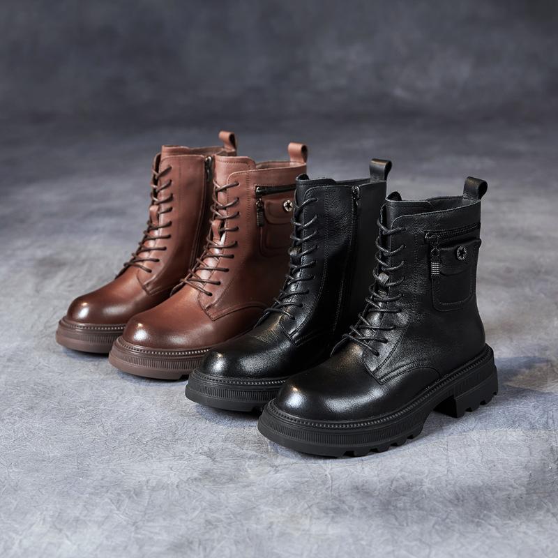 The first layer of cowhide Martin boots for women's 2025 autumn and winter new retro leather velvet medium tube British style women's boots for women