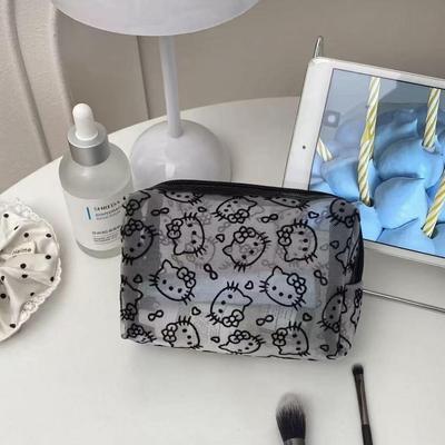 Black Mesh Cat Design Makeup Bag - Portable, Large Capacity, Dirt-Resistant Clutch for Women
