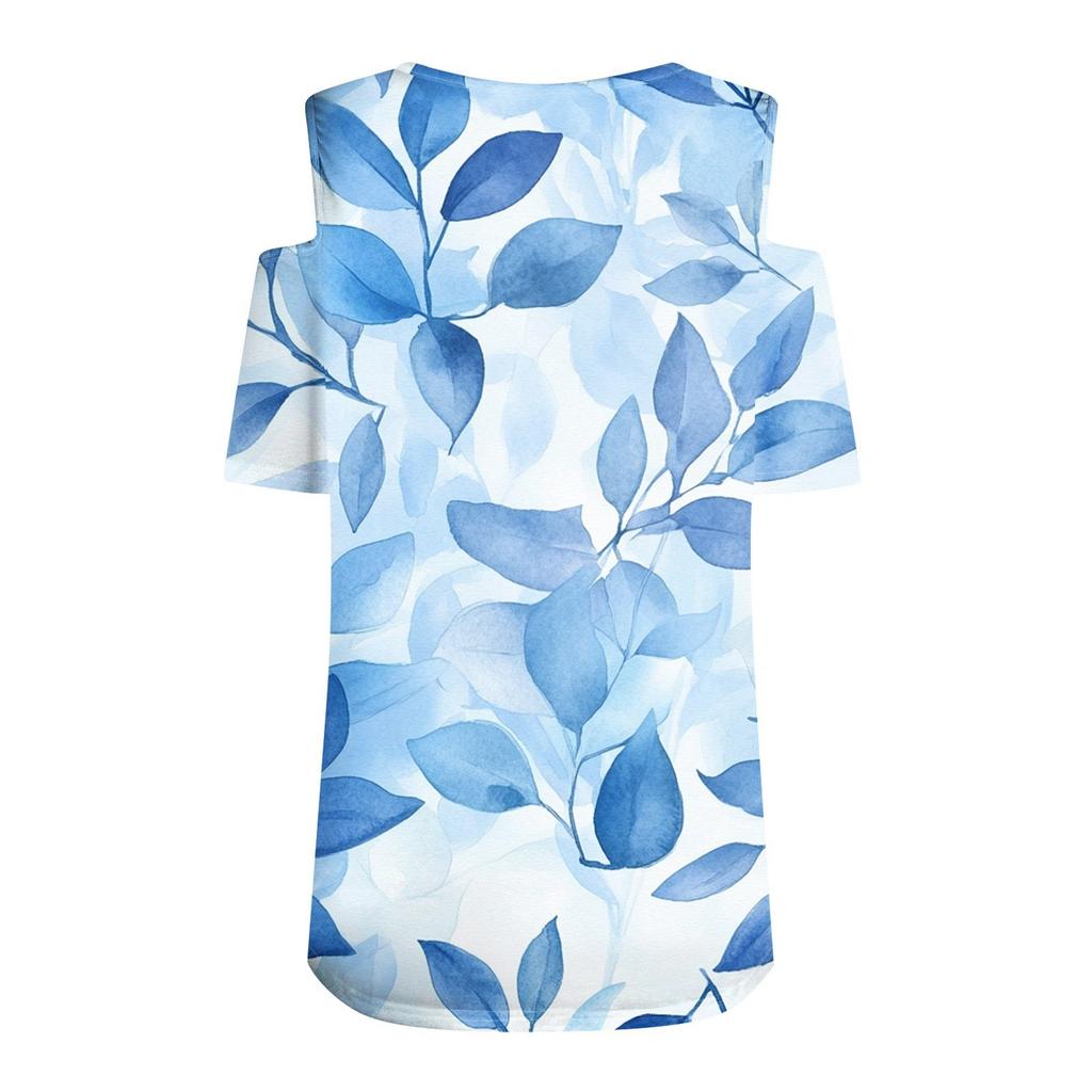 Women's Summer Fashion Casual Floral Print Off-the-shoulder V-neck Short-sleeved T-shirt Top