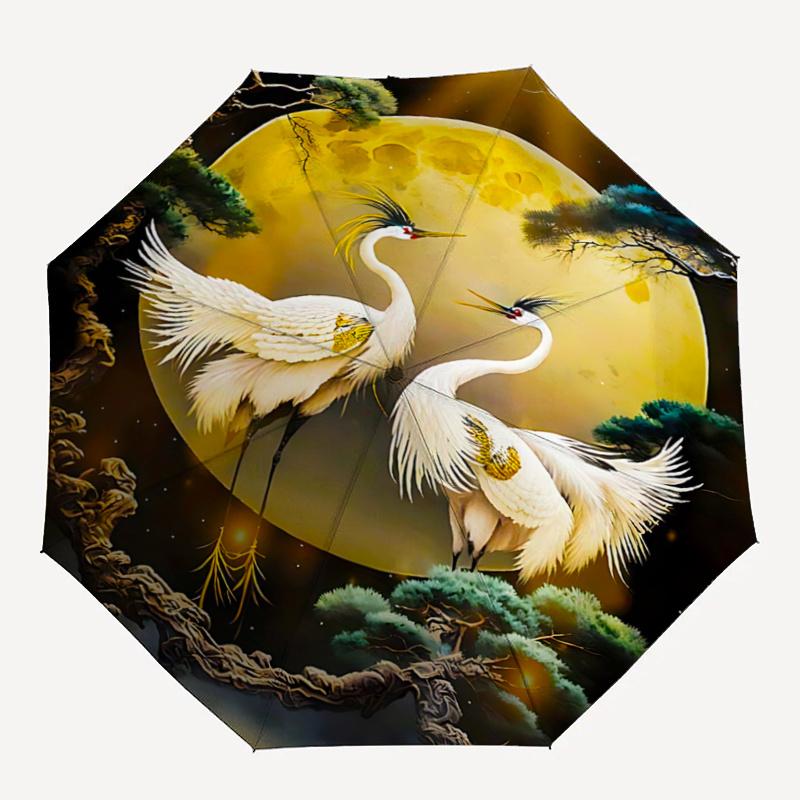 1pc Full Moon Crane Design Automatic Opening/Closing Umbrella with Foldable Design, Iron Frame, Outdoor Use, Festival Gift, Suitable for Fans, Tr