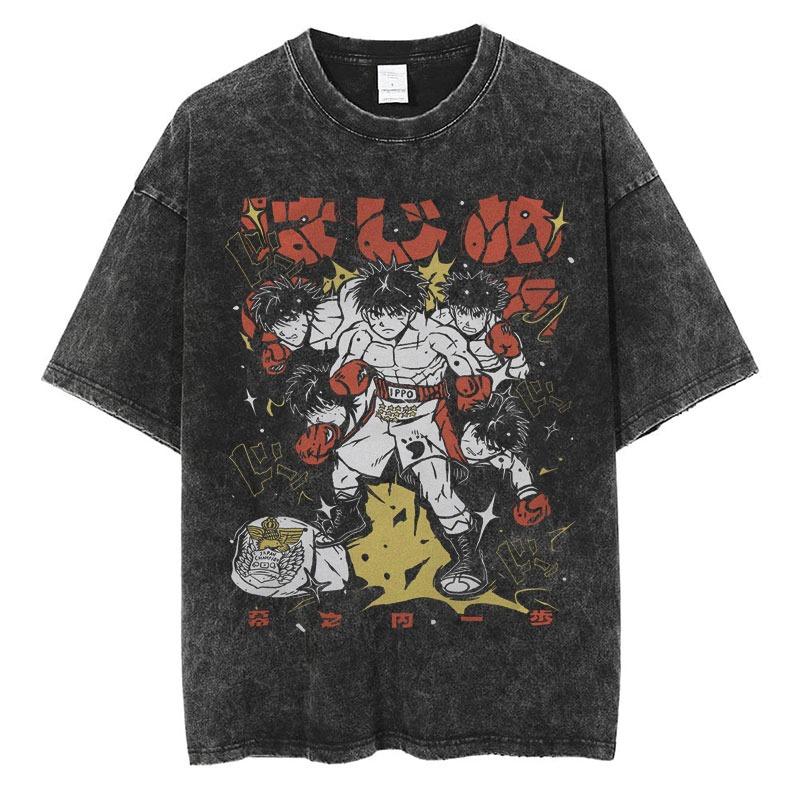 Washed Anime Hajime No Ippo Kamogawa Boxing Gym T-Shirt Makunouchi Takamura Fighting KGB Tshirt Oversized Cotton Summer T-Shirts