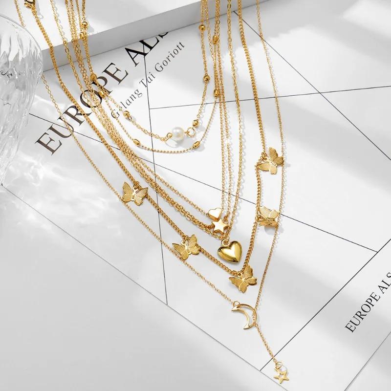 6-teiliges Halsketten-Set mit schlichtem Temperament, schönem Schmetterling, Stern und Mond, beliebtes Damen-Halsketten-Set für Frauen