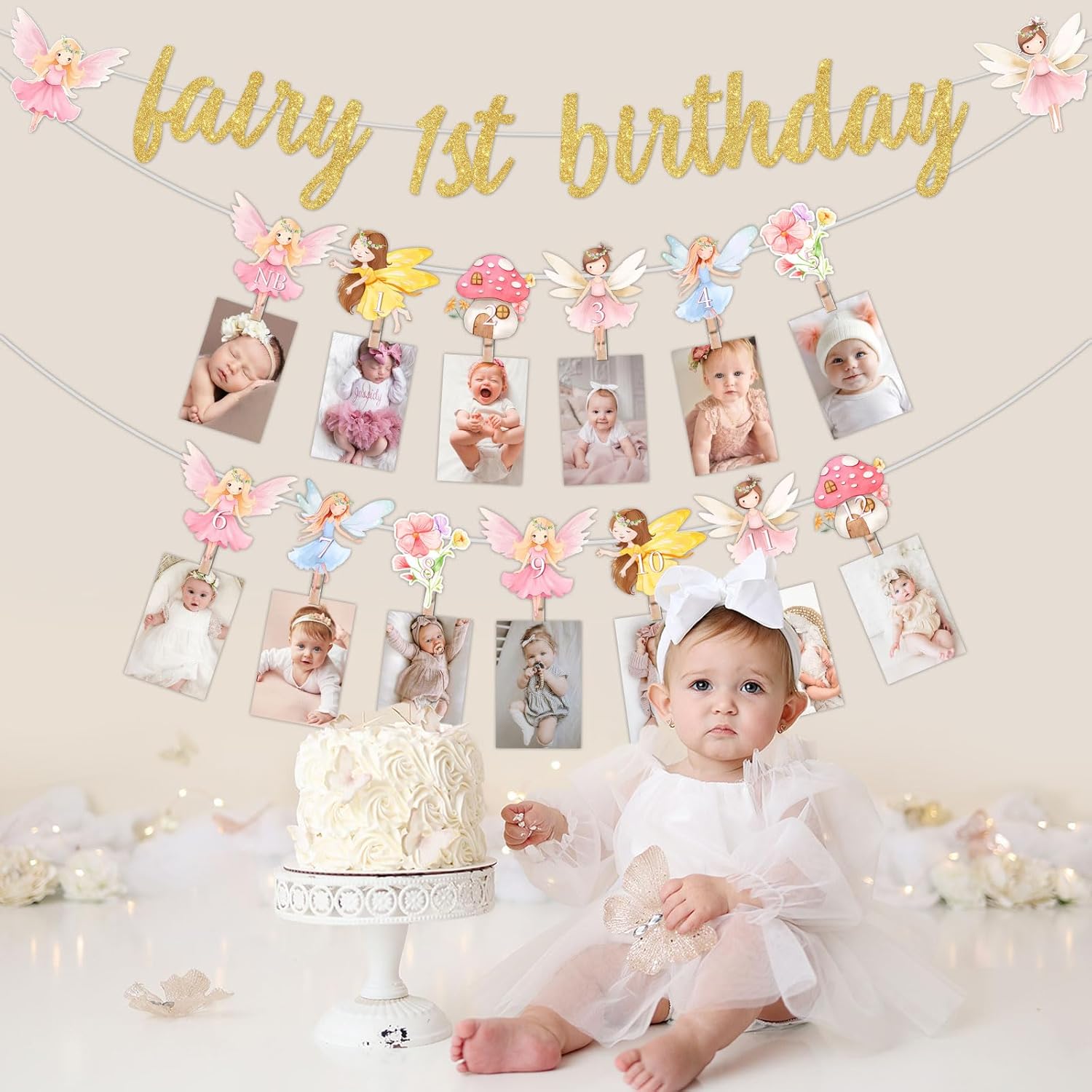 Funmemoir My Fairy First Birthday Decorations - Fairy 1st Birthday Glitter Banner and Monthly Photo Banner, Floral 1st Bday Photo Banners for Girl