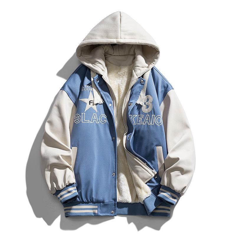 

Новая мужская куртка молодежная трендовая с капюшоном, имитация двух частей, одежда плюс бархатная утолщенная бейсбольная форма для мужчин XXXL