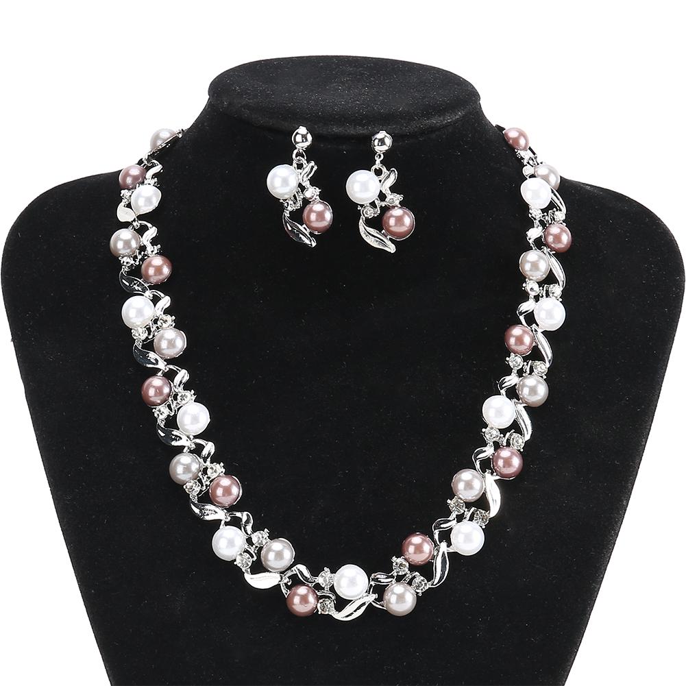 Women Faux Pearl Necklace Earrings Set Bridal Jewelry Set with Rhinestone (Silvery White)