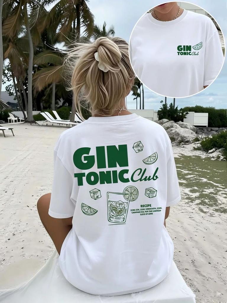 Summer Harajuku Streetwear Beach TShirt Gin Tonic Club Graphic Print Tee Casual Short Sleeve Crew Neck Top Holiday Vacation Tee